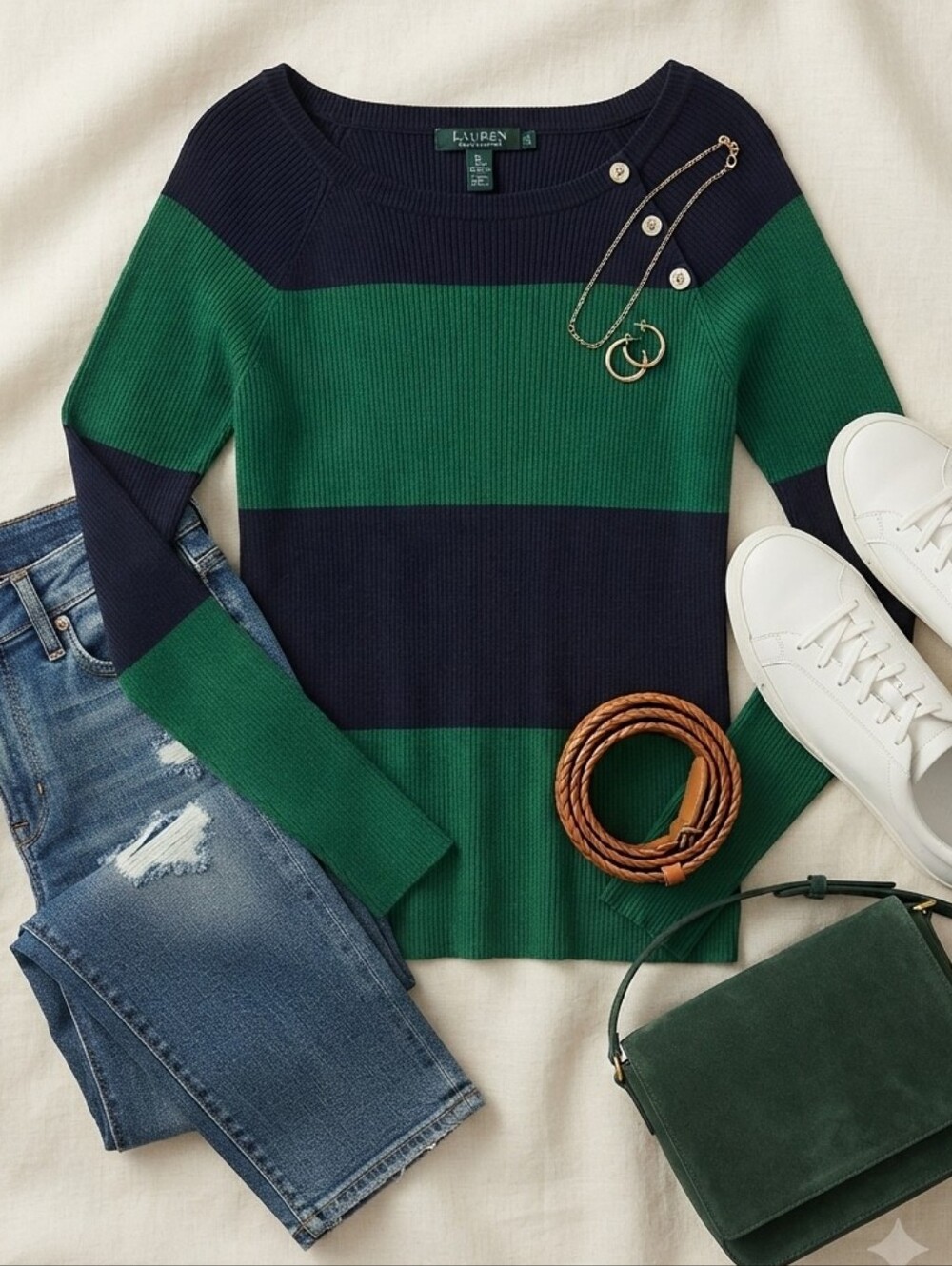 Lauren Ralph Lauren Green Black Wide Neck Ribbed Long Sleeve Sweater Top